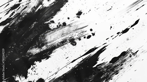 Abstract Black Paint Splashes and Brush Strokes on White  Grunge Japanese Style Background