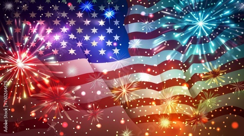 Celebratory fireworks bursting over American flag, Independence Day background illustration