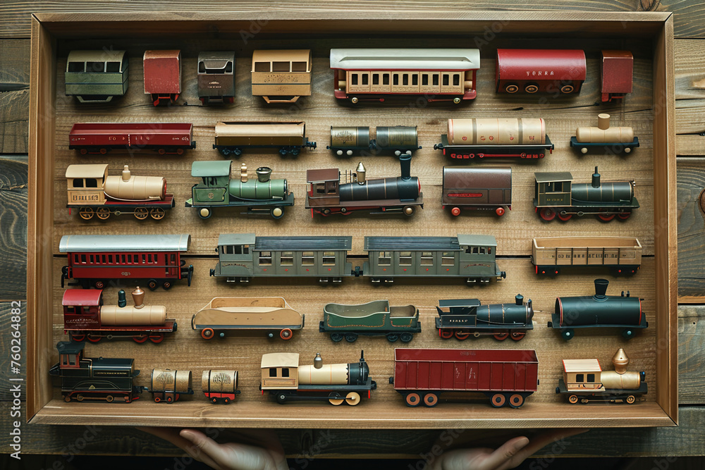 An assortment of classic metal trains arranged neatly, evoking nostalgia and vintage charm. An assortment of classic metal trains arranged neatly, evoking nostalgia and vintage charm.