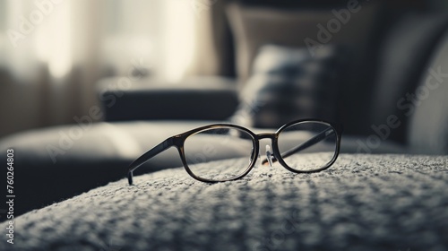 Glasses balanced on the arm of a sofa, awaiting the return of their owner