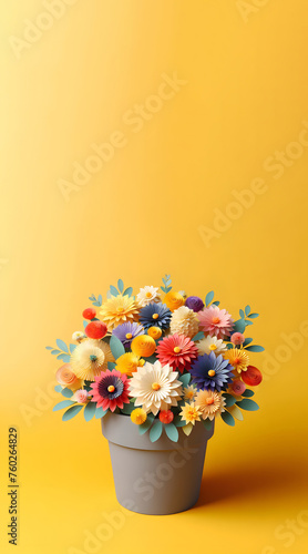 Pot of flowers, paper flowers, isolated on a yellow background, 3d render, Copy space, Banner