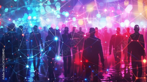 Crowd of silhouettes with bright colorful network connections, digital painting illustration