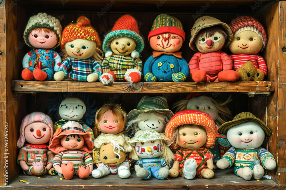 A selection of retro dolls and stuffed animals arranged in a whimsical display. A selection of retro dolls and stuffed animals arranged in a whimsical display.