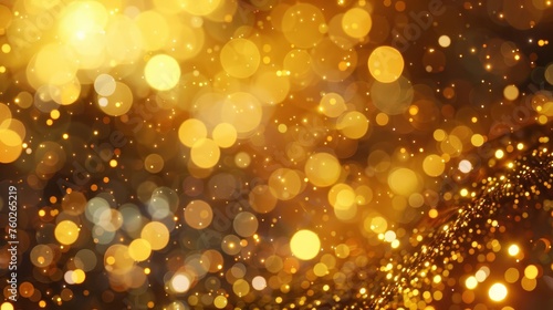 Festive Christmas Glowing Bokeh Lights, Sparkling Confetti on Shimmering Golden Background Texture