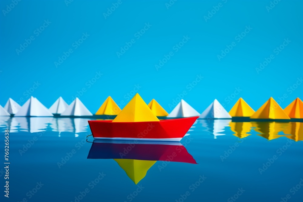 An array of paper boats with one leading in a different direction, symbolizing leadership and the courage to chart a new course