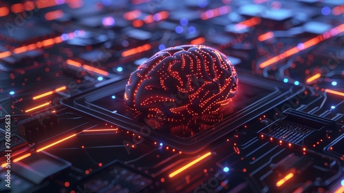 Glowing Electronic Brain Circuit Board, Artificial Intelligence Concept, Abstract Futuristic Technology Illustration