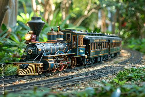 Vintage model train set on a rustic track, capturing the allure of locomotives and fostering a sense of nostalgia.