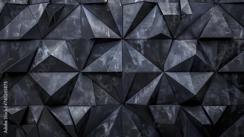 Intricate 3D triangular tile wallpaper with glossy black blocks, futuristic geometric pattern