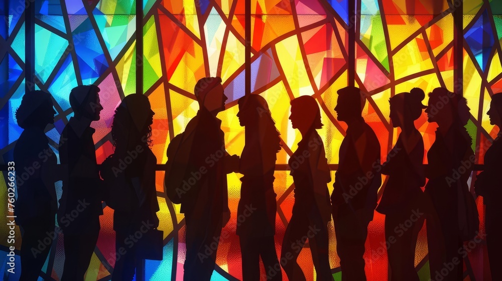 Silhouettes of diverse people meeting, colorful stained glass window background illustration