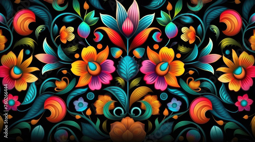 Traditional Mexican Floral Ornament on Dark Background