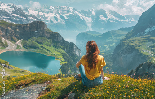 A girl sits on the edge of an alpine mountain and looks at the beautiful landscape with lakes, mountains and green meadows