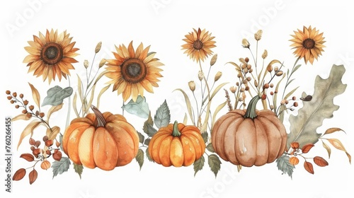 Watercolor Autumn Harvest Composition with Pumpkins  Sunflowers and Vintage Elements