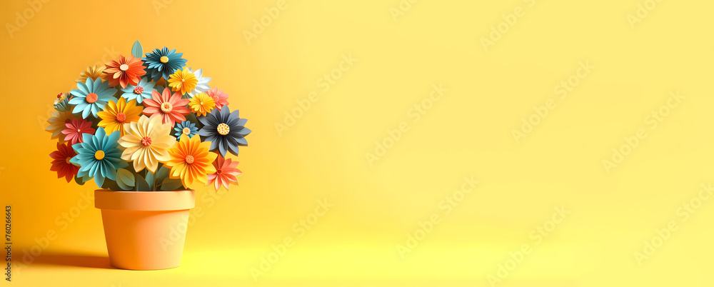 Pot of flowers, paper flowers, isolated on a yellow background, 3d render, Copy space, Banner