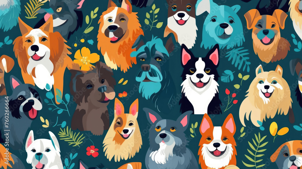 Fototapeta premium Playful Dogs Family Vector Pattern, Flat Design