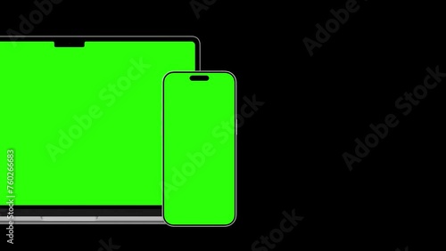 HD animation of moving smartphone and laptop mockups..Green background for chroma key on the smartphone screen. used for commercials and app presentations
