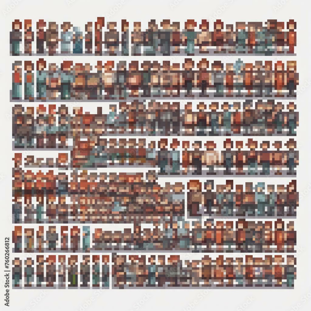 pixel art of A lot of people are standing in full size White background with nothing but people, fewer people