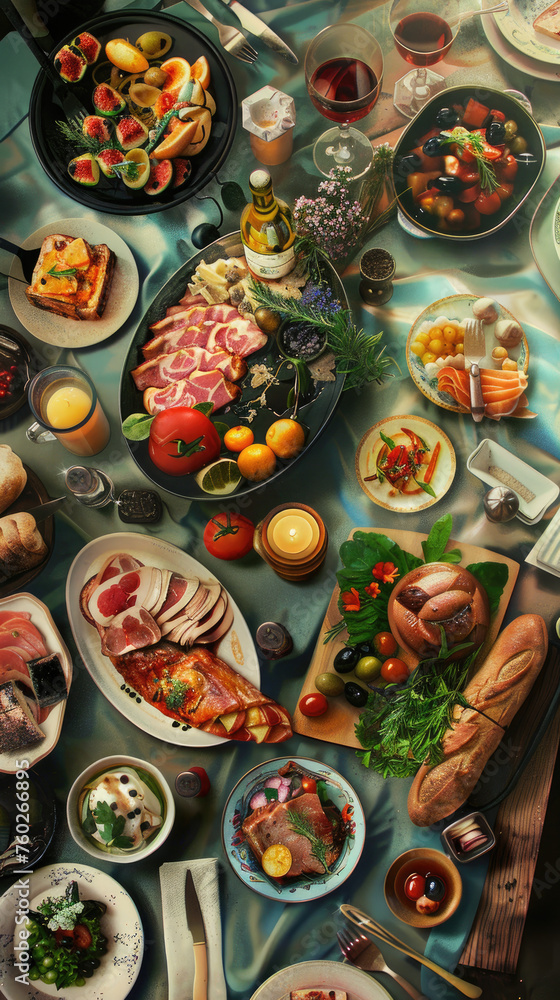 Illustrate the rich and savory flavors of a gourmet meal through art