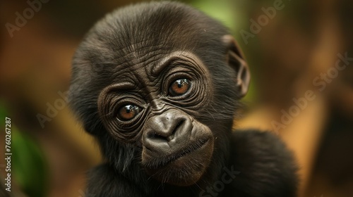 A sweet baby gorilla with soulful eyes and a gentle expression