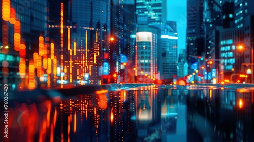 Urban Pulse at Twilight, A captivating cityscape at twilight, bokeh effect transforms streetlights and traffic signals into a pulsating network of neon lights, reflected on the wet urban streets