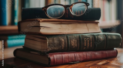 Glasses resting on a stack of books, symbolizing the pursuit of knowledge