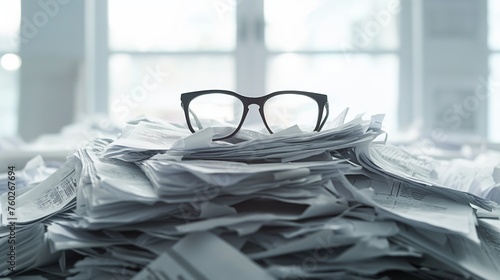 Glasses sitting atop a pile of paperwork, a reminder of the daily grind