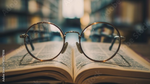 Glasses with reflective lenses placed on top of an open book, hinting at a scholarly pursuit