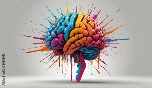 Creativity concept with a brain exploding in colors. Mind blown concept. white background 
