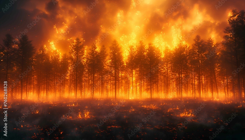 A forest on fire, the burning trees and grass in flames. Orange and red hues against black night sky. Large scale natural disaster. Night sky. Fiery landscape A forest on fire, the burning trees and grass in flames. Orange and red hues against black night sky. Large scale natural disaster. Night sky. Fiery landscape
