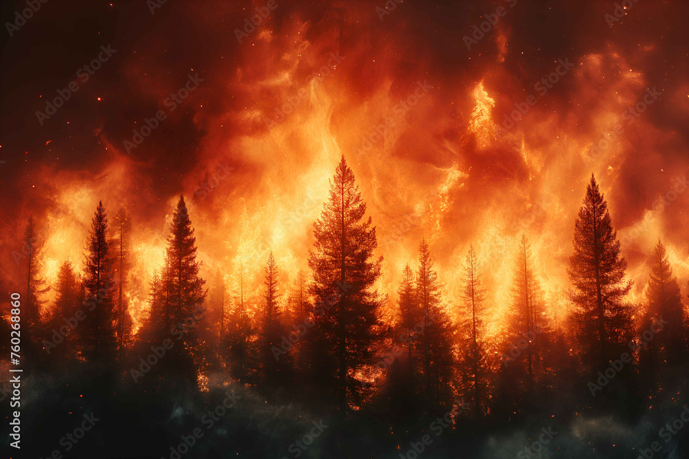 A forest on fire, the burning trees in flames. Orange and red hues against black night sky. Large scale natural disaster. Night sky. Fiery landscape	