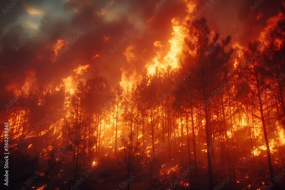 A forest on fire, the burning trees in flames. Orange and red hues against black night sky. Large scale natural disaster. Night sky. Fiery landscape	