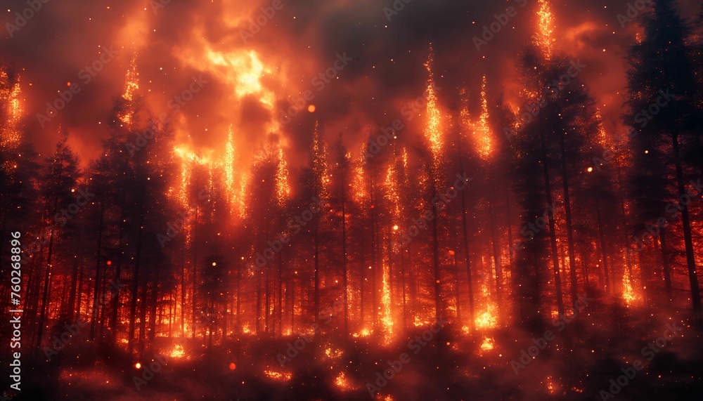 A forest on fire, the burning trees in flames. Orange and red hues against black night sky. Large scale natural disaster. Night sky. Fiery landscape A forest on fire, the burning trees in flames. Orange and red hues against black night sky. Large scale natural disaster. Night sky. Fiery landscape