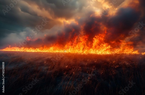 A forest on fire, the burning trees and grass in flames. Orange and red hues against black night sky. Large scale natural disaster. Night sky. Fiery landscape 
