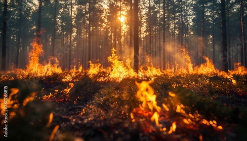 A forest on fire, the burning trees and grass in flames. Orange and red hues against black night sky. Large scale natural disaster. Night sky. Fiery landscape