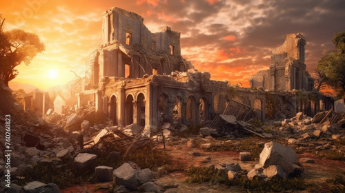 Sunset Over Earthquake-Damaged Ruins