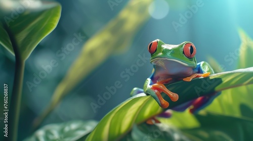 Vivid Red-Eyed Tree Frog Perching On Lush Green Leaf  Tropical Rainforest Ambiance  Wildlife Photography  Vibrant Colors  Exotic Fauna  Lush Foliage  Breathtaking Nature  Vibrant Wildlife