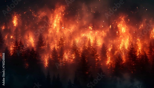 A forest on fire, the burning trees in flames. Orange and red hues against black night sky. Large scale natural disaster. Night sky. Fiery landscape 