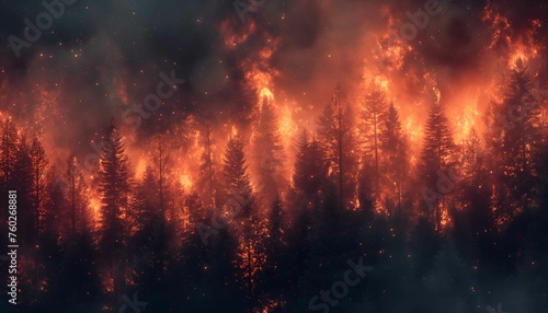 A forest on fire, the burning trees in flames. Orange and red hues against black night sky. Large scale natural disaster. Night sky. Fiery landscape  © Abstract51