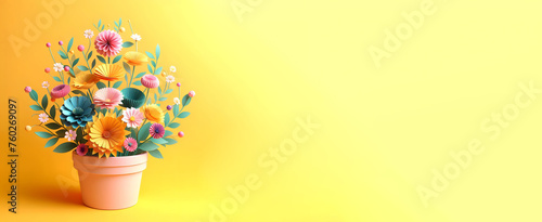 Pot of flowers, paper flowers, isolated on a yellow background, 3d render, Copy space, Banner © TJ_Designs
