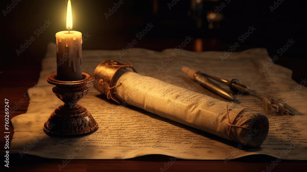 Fototapeta premium Old Parchment and Illuminated Candle