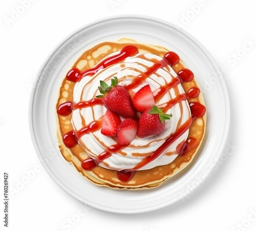Plate with tasty pancakes and strawberries on white background, top view