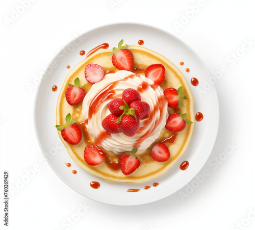 Plate with tasty pancakes and strawberries on white background, top view