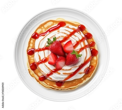 Plate with tasty pancakes and strawberries on white background, top view