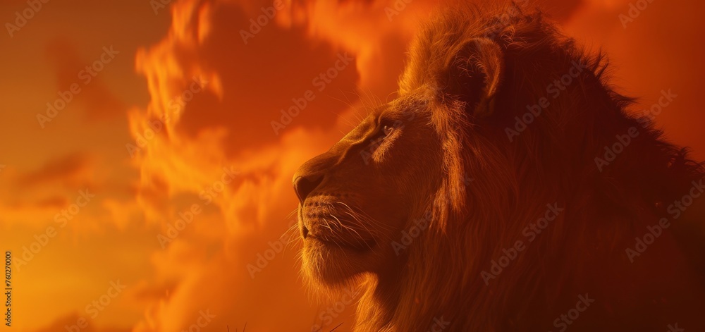 Majestic Lion Profile With A Fiery Sunset Sky Backdrop, Symbolizing Power And Wilderness: Regal Majesty, Wild Majesty, Fiery Majesty, Serengeti King, Nature's Strength. - obrazy, fototapety, plakaty 
