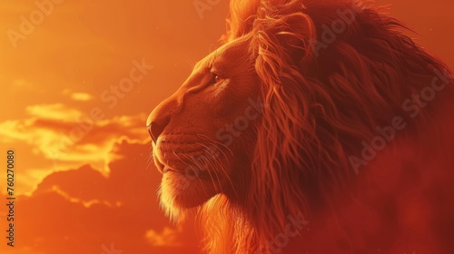 Majestic Lion Profile With A Fiery Sunset Sky Backdrop, Symbolizing Power And Wilderness: Regal Majesty, Wild Majesty, Fiery Majesty, Serengeti King, Nature's Strength.