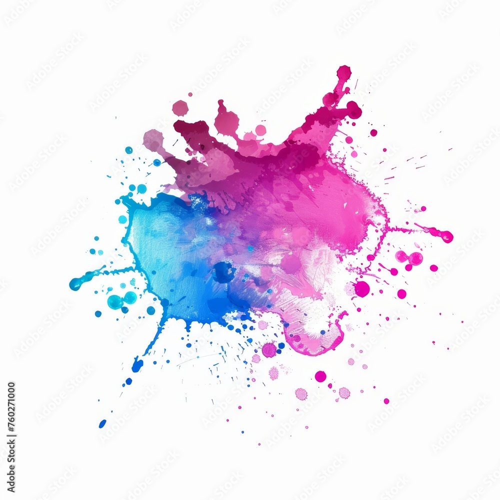 Vivid magenta and blue watercolor splash with dynamic droplets, showcasing an energetic artistic interplay on white.
