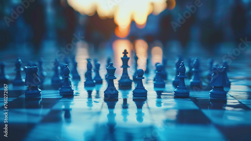 Chessboard with human figures as chess pieces, strategically placed, representing the strategic talent acquisition and retention in businesses.
