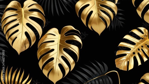 Luxury tropical leaves in gold and black. Dark Monstera and palm graphic design.