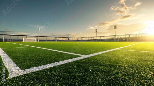 Serene Soccer Field at High Noon: A Modern Stadium Asset for Commercial Use