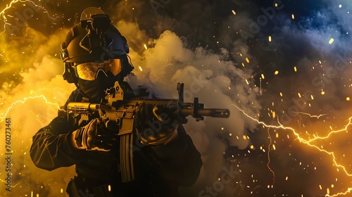 Special Forces Soldier Emerges from Dramatic Smoke-Filled Scene with Yellow Lightning Strikes photo