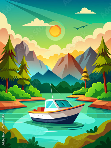 A motorboat speeds across the water, leaving a wake behind it, in a landscape with mountains in the distance.